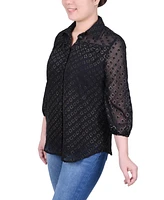 Ny Collection Petite 3/4 Sleeve Foiled Jacquard Chiffon Blouse