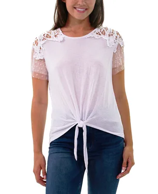 Ny Collection Petite Short Sleeve Lace Detail Top