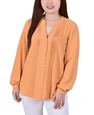 Ny Collection Petite Long Sleeve Pintuck Front Blouse