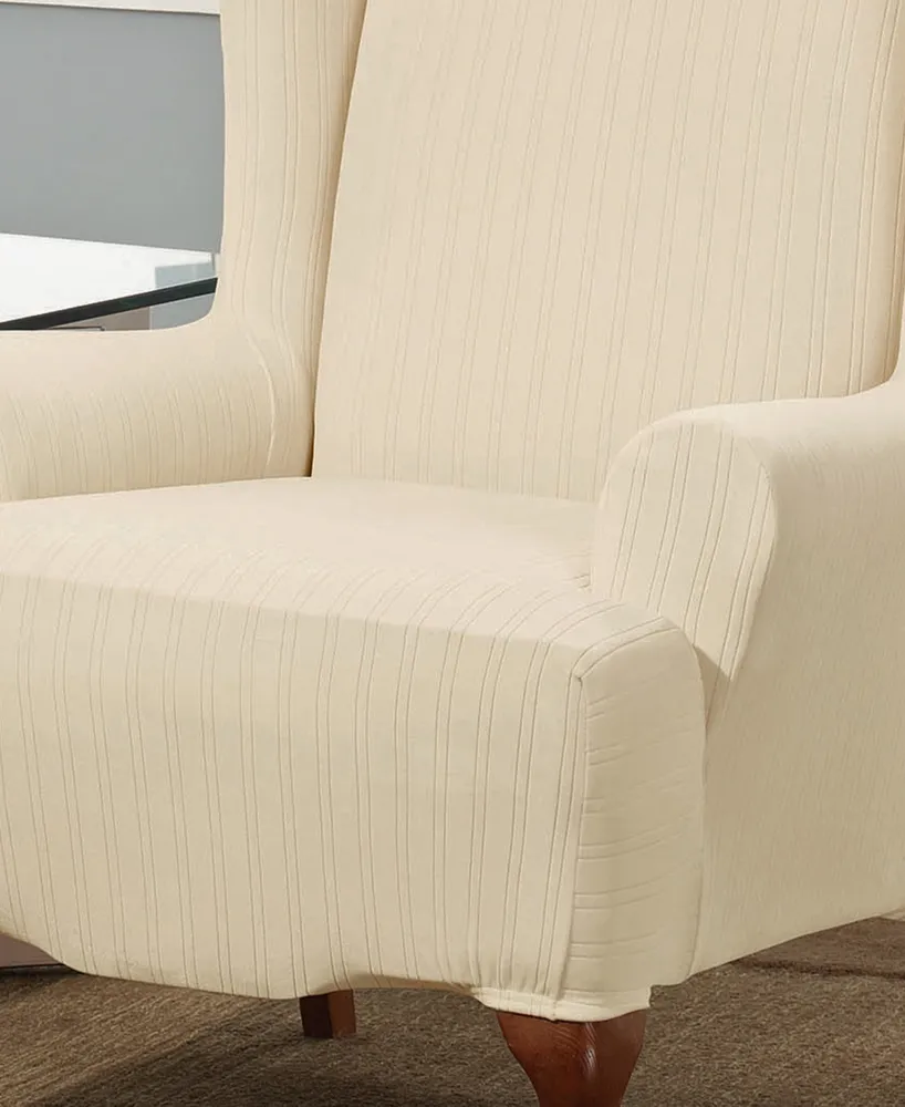 Stretch Pinstripe One Piece Wing Chair Slipcover
