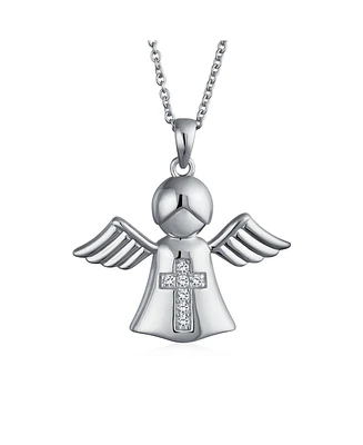 Bling Jewelry Tiny Petite Cz Accent Religious Cross Protection Guardian Angel Pendant Necklace Rose Gold Plated Sterling Silver