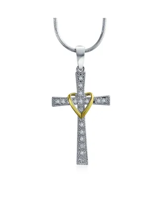 Bling Jewelry Cz Pave Accent Religious Love Of God Modern Fashion Heart Infinity Cross Pendant Necklace For Women Two Tone Rhodium Plated Brass