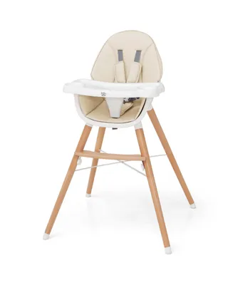 Baby High Chair Wooden Feeding with 4-Gear Tray & Removable Cushion