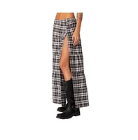 Women's Plaid side slit tiered maxi skirt