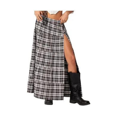 Women's Plaid side slit tiered maxi skirt