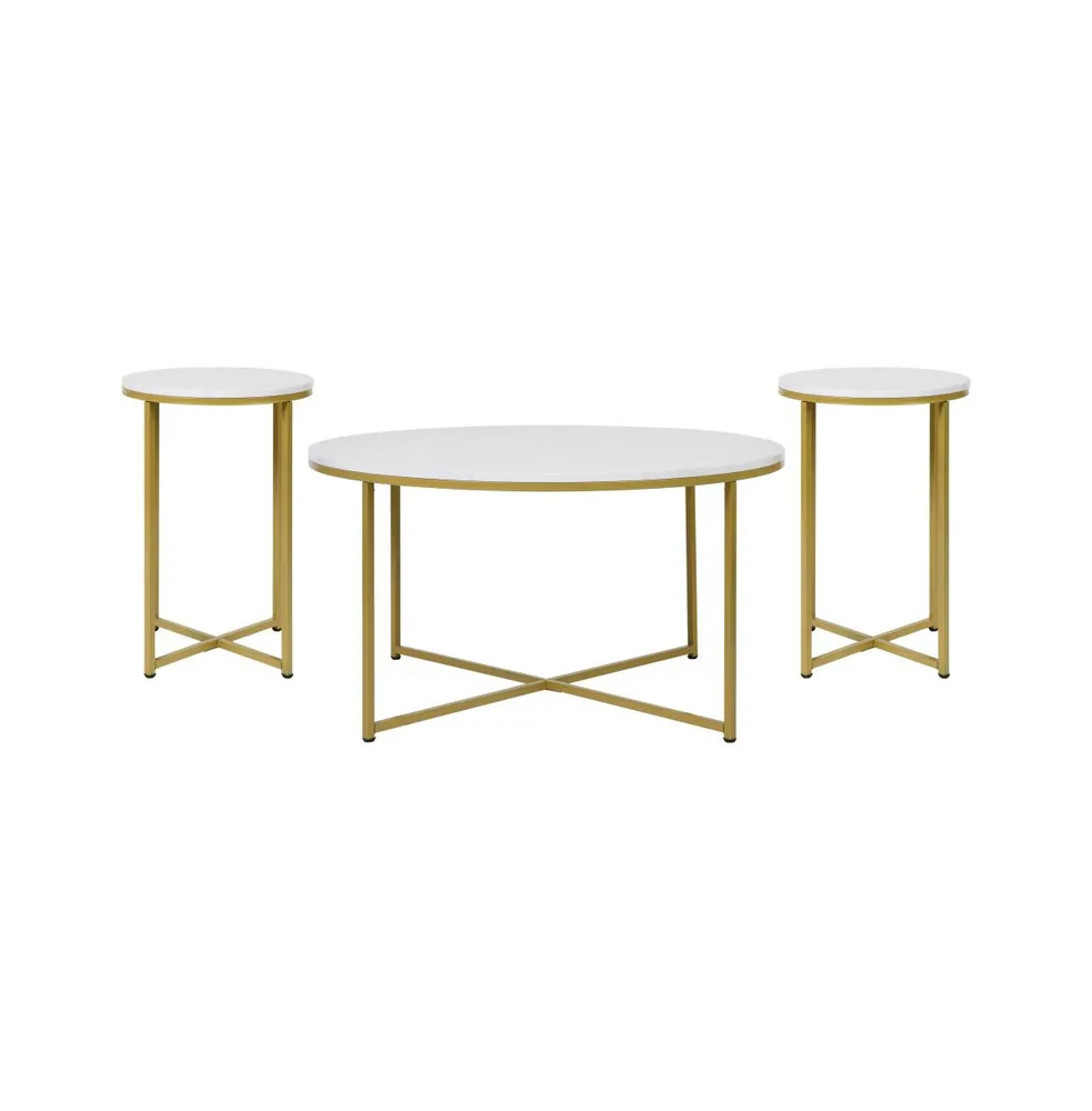 Fairdale Round Coffee Table Set - 3 Piece With Crisscross Frame & 2 End Tables