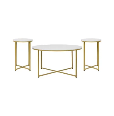 Fairdale Round Coffee Table Set - 3 Piece With Crisscross Frame & 2 End Tables