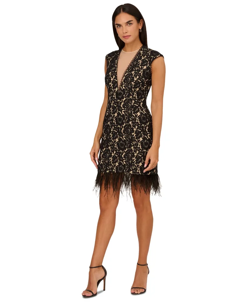 Adrianna by Papell Women's Feather-Trim Sheath Lace Dress