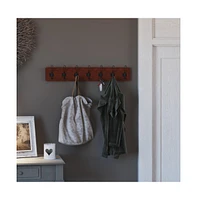Enid 34 Inch Wall Mount Pine Wood Storage Rack With Hanging Hooks, Entryway, Kitchen, Bathroom