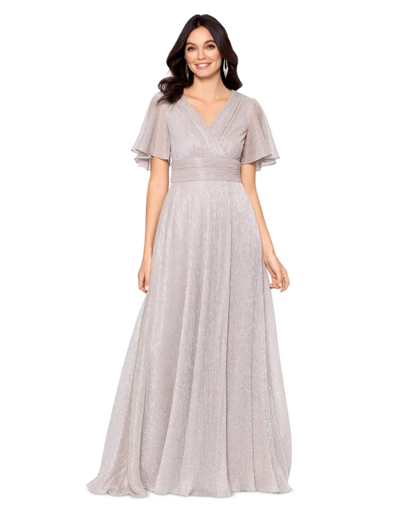 Betsy & Adam Petite Metallic Surplice Flutter-Sleeve Gown