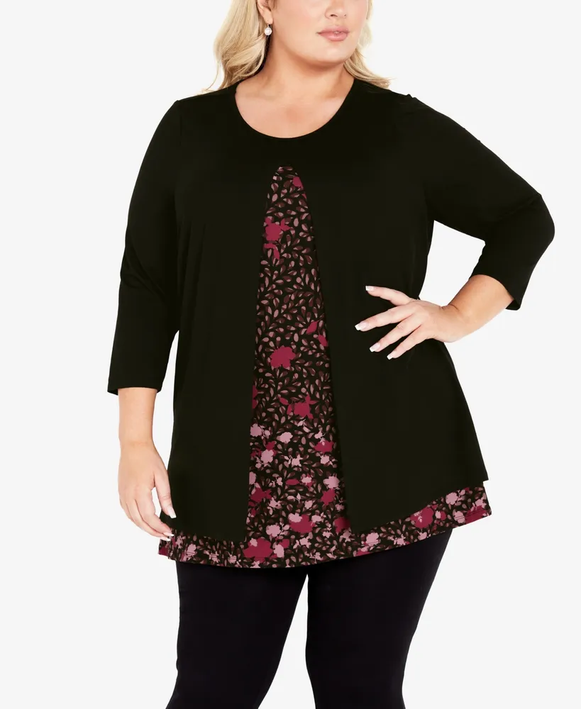 Avenue Plus Size Ally Border Round Neck Tunic Top