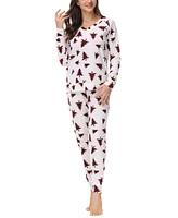 Ink+Ivy Women's Printed Microfleece V-neck Long Sleeve Top with Jogger 2 Pc Pajama Set