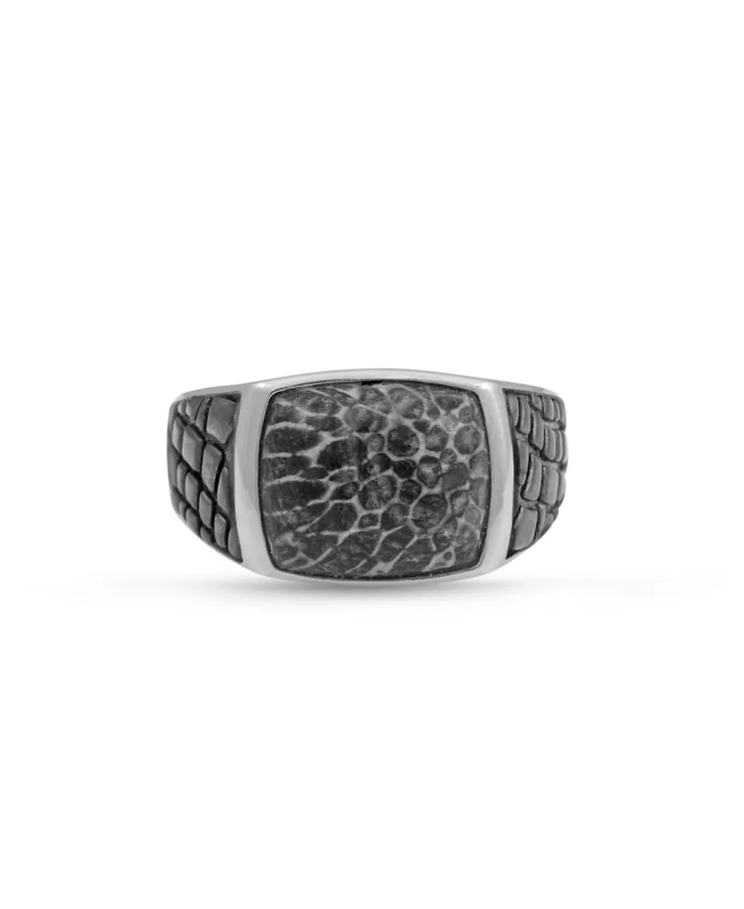 LuvMyJewelry Fossil Agate Gemstone Sterling Silver Men Signet Ring Black Rhodium