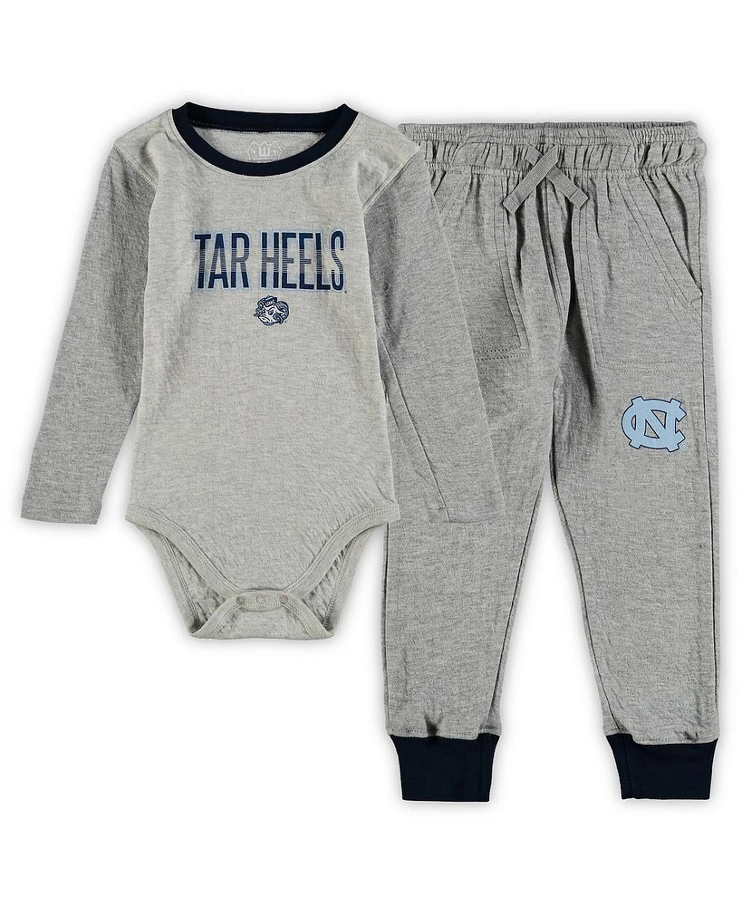 Infant Boys and Girls Wes & Willy Heathered Gray, Navy North Carolina Tar Heels Jie Long Sleeve Bodysuit Pants Set