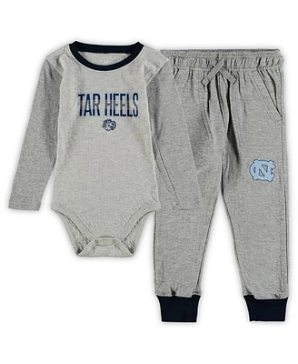 Infant Boys and Girls Wes & Willy Heathered Gray, Navy North Carolina Tar Heels Jie Long Sleeve Bodysuit Pants Set