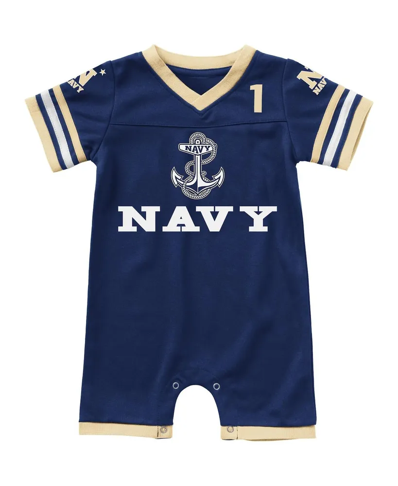 Newborn and Infant Boys and Girls Colosseum Navy Navy Midshipmen Bumpo Football Logo Romper
