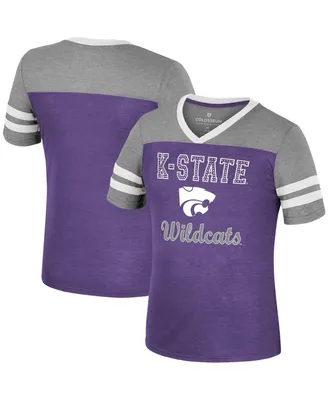 Big Girls Colosseum Purple, Heather Gray Kansas State Wildcats Summer Striped V-Neck T-shirt