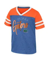 Girls Toddler Colosseum Royal Distressed Florida Gators Summer Foil V-Neck T-shirt