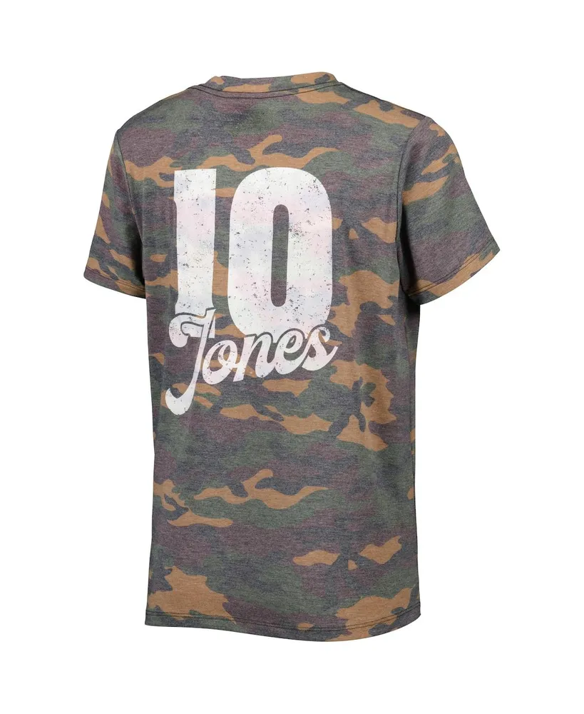 Women's Majestic Threads Mac Jones Camo Distressed New England Patriots Name and Number V-Neck T-shirt