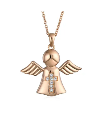 Tiny Petite Cz Accent Religious Cross Protection Guardian Angel Pendant Necklace For Teen Women Rose Gold Plated .925 Sterling Silver