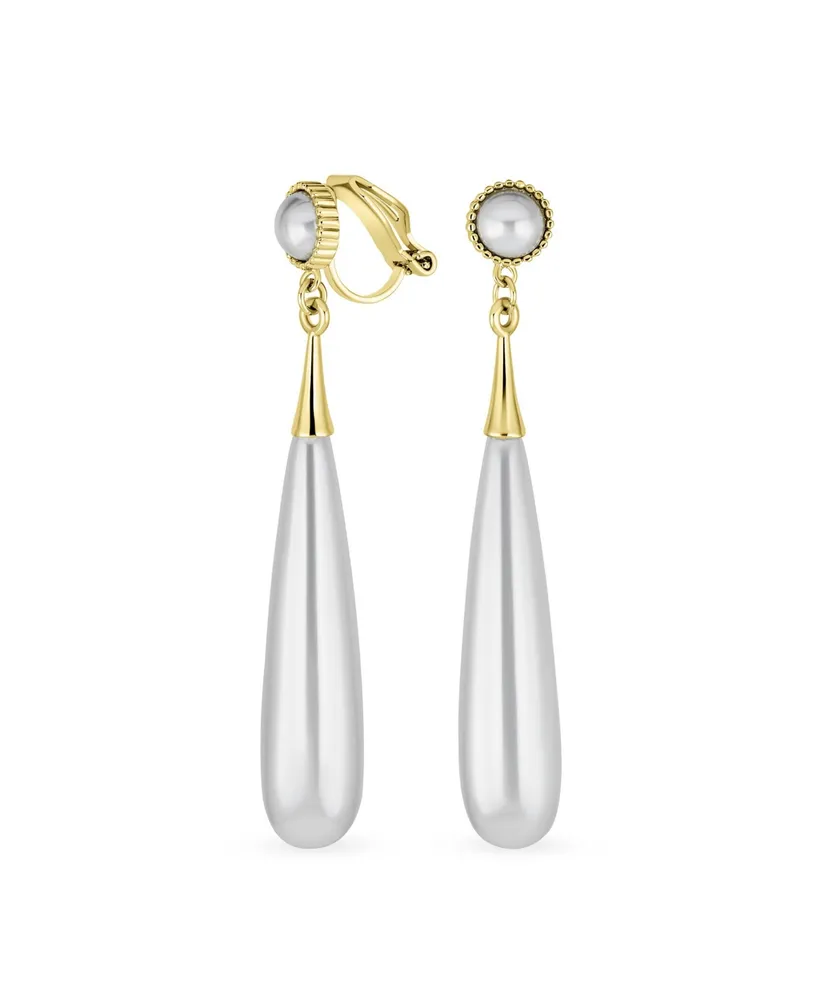 Modern Bridal Geometric Linear Thin Long Off White Column Simulated Pearl Dangling Chandelier Clip-on Earrings For Women