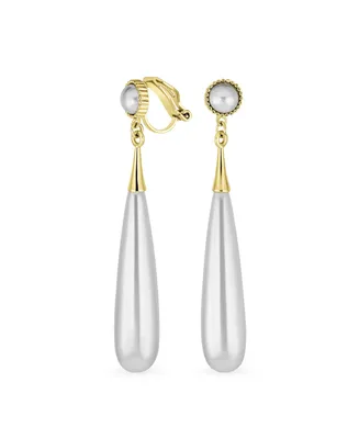 Modern Bridal Geometric Linear Thin Long Off White Column Simulated Pearl Dangling Chandelier Clip-on Earrings For Women