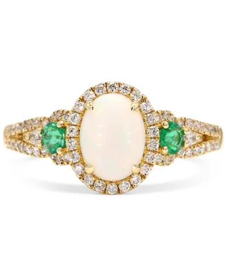 Opal (1 ct. t.w.), Emerald (1/5 ct. t.w.) & Diamond (1/4 ct. t.w.) Oval Halo Ring in 10k Gold