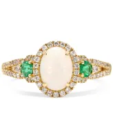 Opal (1 ct. t.w.), Emerald (1/5 ct. t.w.) & Diamond (1/4 ct. t.w.) Oval Halo Ring in 10k Gold