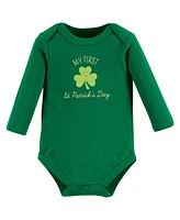 Hudson Baby Girls Cotton Long-Sleeve Bodysuits, St Patricks Rainbow, 3-Pack