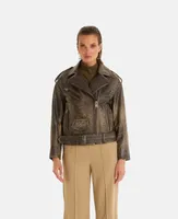 Furniq Uk Women's Genuine Leather Belted Biker Jacket