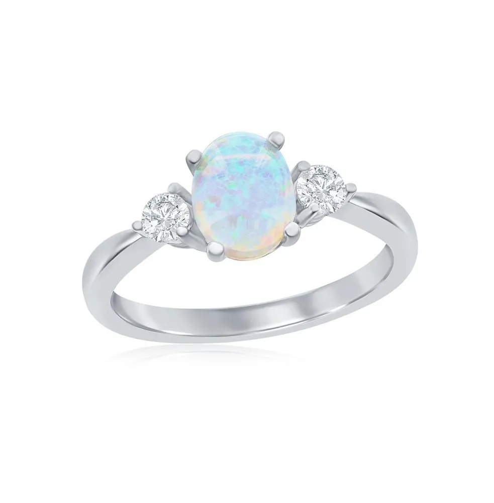 Sterling Silver Oval Opal and Cz Ring