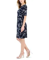 Connected Petite Elbow-Sleeve Gathered Jersey Sheath Dress