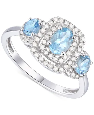 Santa Maria Aquamarine (7/8 ct. t.w.) & Diamond (1/3 ct. t.w.) Three Stone Halo Ring in 14k White Gold