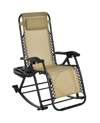 Outsunny Zero Gravity Reclining Rocking Chair, Lounge Rocker, Folding, Pillow, Side Tray, Cup and Phone Holder
