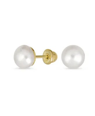 Bling Jewelry Tiny Minimalist Cz Accent Real 10K Gold 5MM White Freshwater Cultured Button Pearl Stud Earrings For Women Teen Secure Screw Back June B