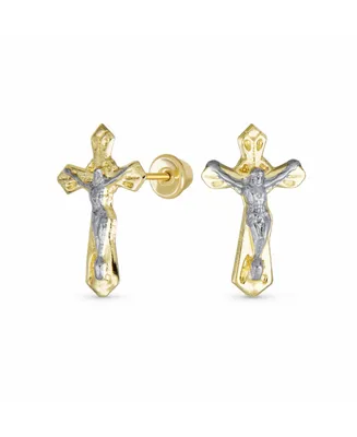 Bling Jewelry Tiny Minimalist Christian Religious Jesus Gold Crucifix CrossTwo Tone Yellow 14K Gold Stud Earring For Women Safety Screw Back - Two