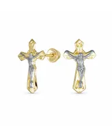 Bling Jewelry Tiny Minimalist Christian Religious Jesus Gold Crucifix CrossTwo Tone Yellow 14K Gold Stud Earring For Women Safety Screw Back - Two