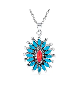 Personalize South Western Navajo Style Orange Red Coral Blue Turquoise Zuni Needlepoint Jewelry Flower Blossom Necklace Pendant For Women .925 Sterlin