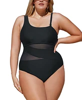 Cupshe Plus Size Dreamscapes Mesh One-Shoulder One Piece Swimsuit