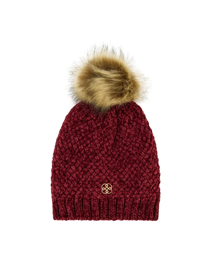 Daisy Fuentes Women's Cozy Cross Hatch Chenille Beanie with Faux Fur Pom and Plush Lining