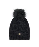 Daisy Fuentes Women's Cozy Cross Hatch Chenille Beanie with Faux Fur Pom and Plush Lining