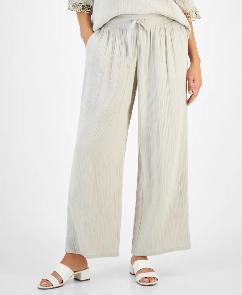 Jm Collection Women's Wide Leg Cotton Gauze Pants, Created for Macy's