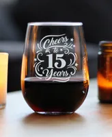 Bevvee Cheers to 15 Years 15th Anniversary Gifts Stem Less Wine Glass, 17 oz