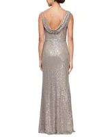 Alex Evenings Women's Sequin Cowlneck Draped Gown