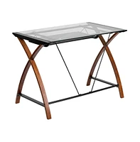 Emma+Oliver Glass Computer Desk-Pull-Out Keyboard Tray & Crisscross Frame