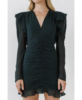 Women's Textured Long Sleeve Ruched Mini Dress