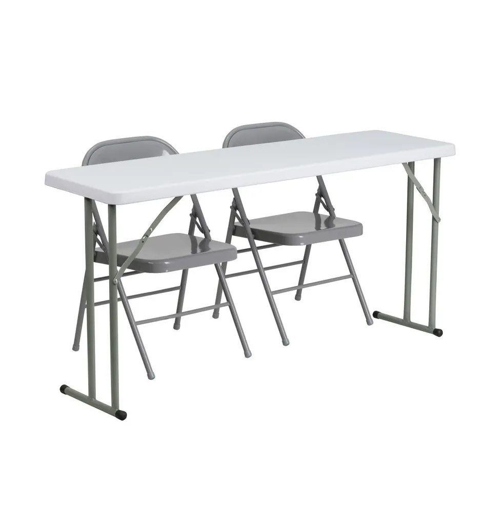 5-Foot Plastic Folding Training Table Set With 2 Metal Folding Chairs