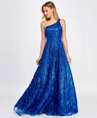 Say Yes Juniors' Sequin-Tulle One-Shoulder Gown, Created for Macy's