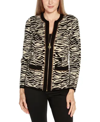 Belldini Black Label Women's Zebra Jacquard Sweater Jacket