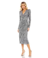 Women's Long Sleeve V Neck Beaded Cocktail Dress